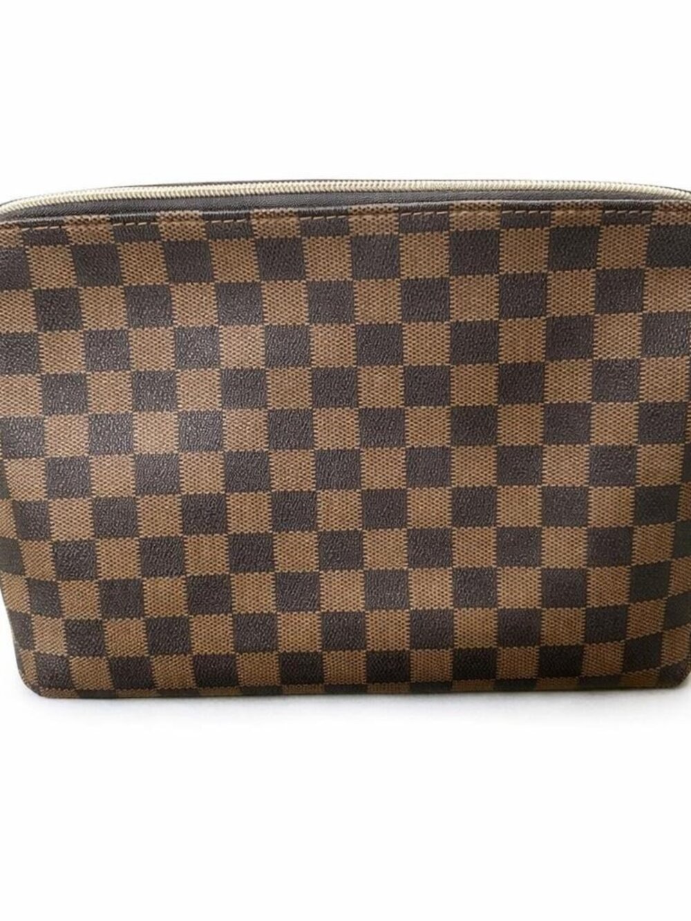 brown checkered toiletry bag